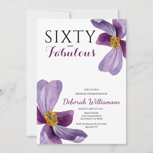 Invitation Sixty and Fabulous Purple Floral 60th Birthday  In (Devant)