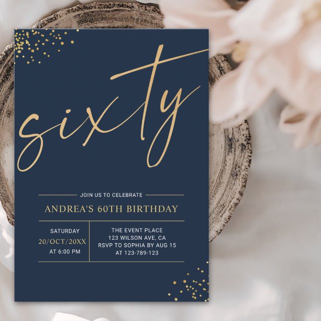 Invitation Sixty Birthday Gold & Blue 60th Birthday (Créateur téléchargé)