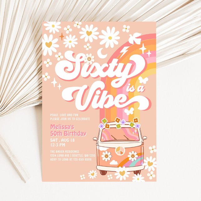 Invitation SIXTY est Vibe Van Super Daisy Hippie Anniversaire (Créateur téléchargé)