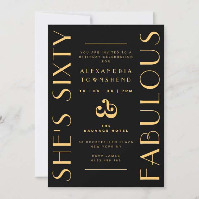 Invitation Sixty & Fabulous Black Gold Art Deco 60th Birthday (Devant)