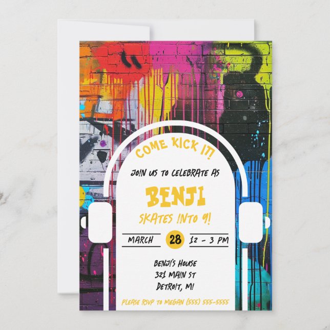 Invitation Skateboard, Come Kick It Graffiti Fête d'anniversa (Devant)
