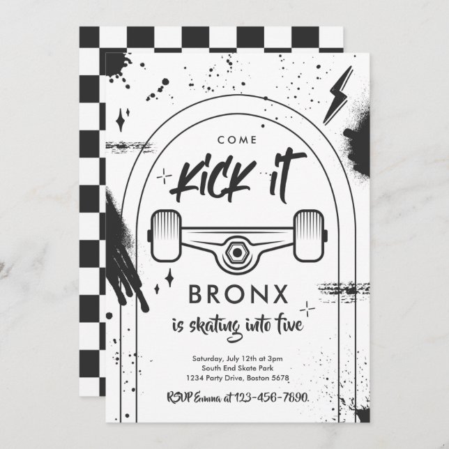 Invitation Skateboard Come Kick It Urban Sport Fête d'anniver (Devant / Derrière)