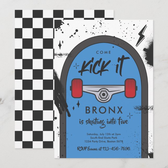 Invitation Skateboard Come Kick It Urban Sport Fête d'anniver (Devant / Derrière)