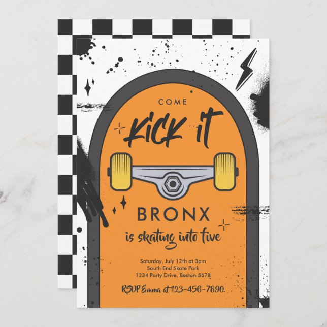 Invitation Skateboard Come Kick It Urban Sport Fête d'anniver (Devant / Derrière)