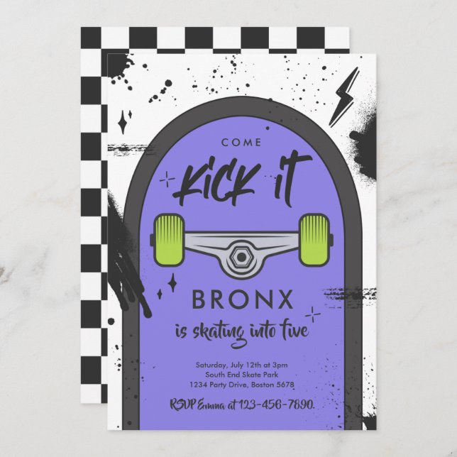 Invitation Skateboard Come Kick It Urban Sport Fête d'anniver (Devant / Derrière)