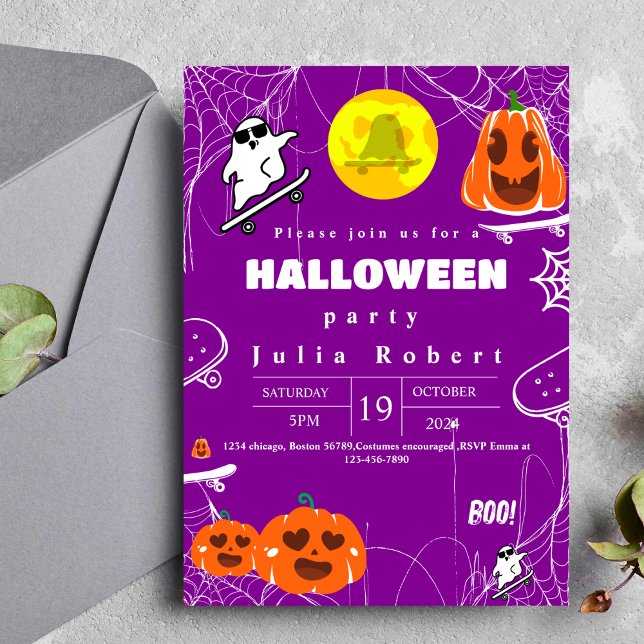 Invitation skateboard fantôme Halloween citrouille violet (Créateur téléchargé)
