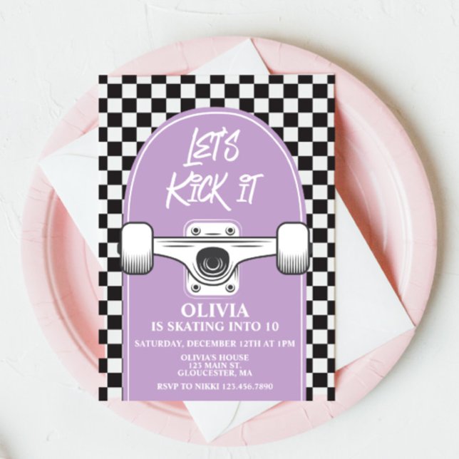 Invitation Skateboard Let's Kick It purpl Anniversday Invitat (Créateur téléchargé)