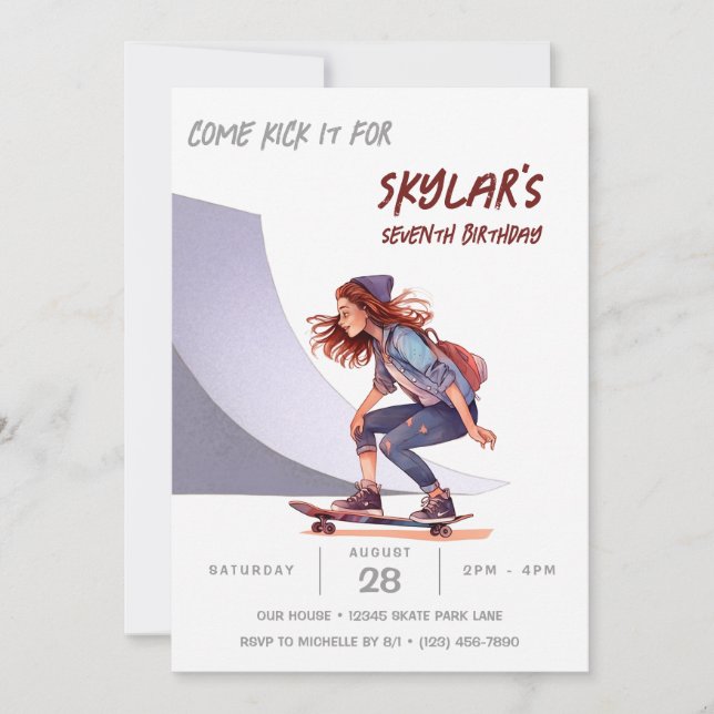 Invitation Skateboard Photo Skate Park Girl Birthday Party (Devant)
