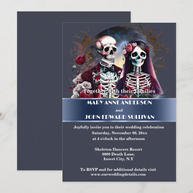 Invitation Skeleton couple burgundy dusky bleu gothique maria (Devant / Derrière)