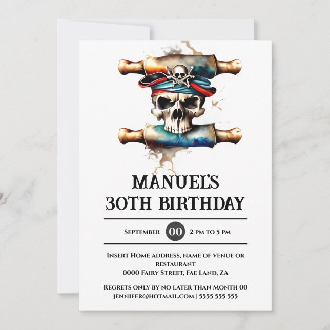 Invitation Skeleton crâne pirate 3D ahoy matey thème fête (Devant)
