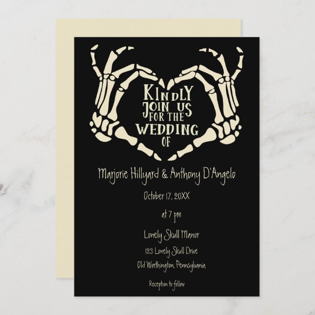 Invitation Skeleton En Forme Coeur Met Déplaisant Goth Mariag (Devant / Derrière)