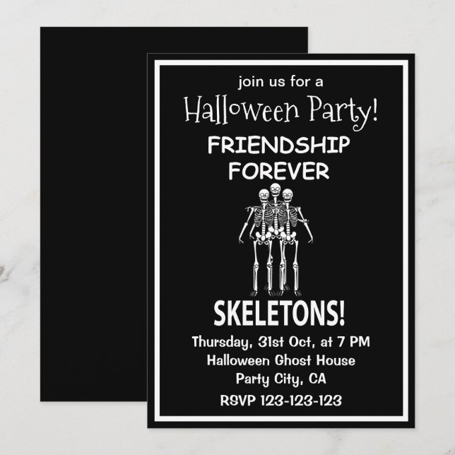 Invitation Skeleton Friendship Forever Halloween Party (Devant / Derrière)