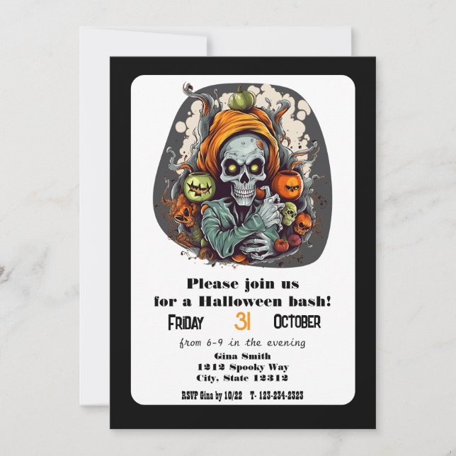 Invitation Skeleton Grim Reaper Halloween Bash Party (Devant)