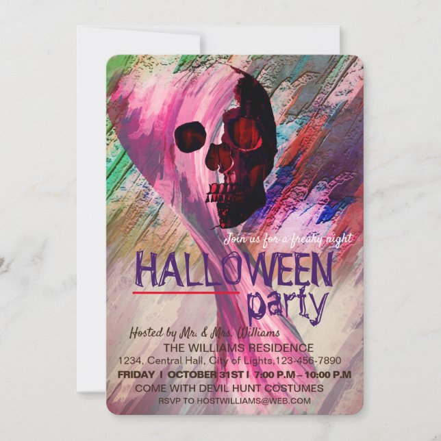Invitation Skeleton Rouge Peint Halloween Aquarelle RetroArt (Devant)