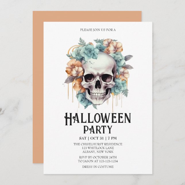 Invitation Skeleton Skull Flowers Mint Halloween Party (Devant / Derrière)
