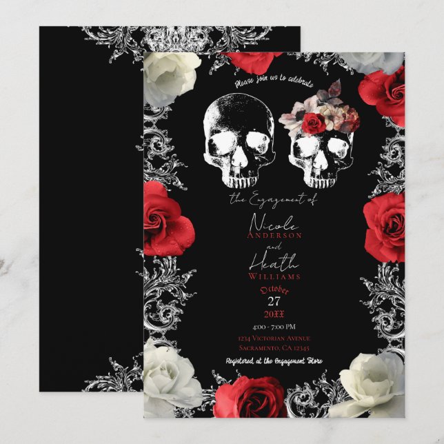 Invitation Skeleton Skull Red Roses Gothique Engagement Party (Devant / Derrière)