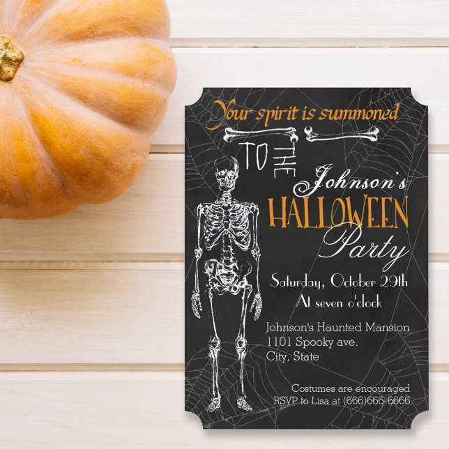 Invitation Skeleton Spider Web Spider Halloween Party (Invite your friends spirits to your spooky Halloween party with this black charcoal skeleton design.)