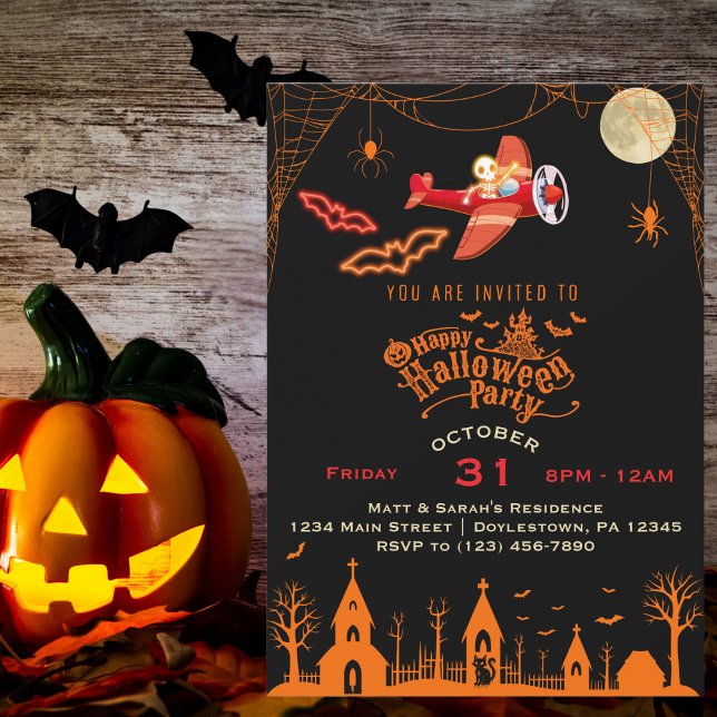 Invitation Skeleton Whimsical Vol Avion Halloween Party (front)
