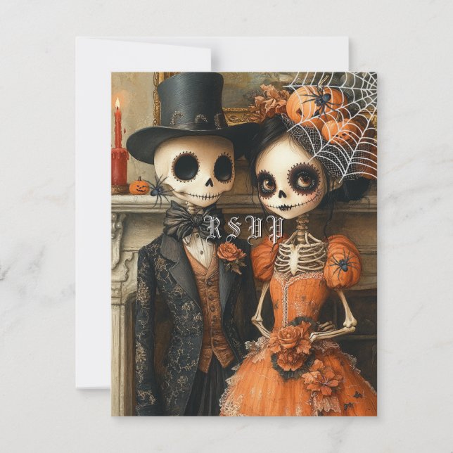 Invitation Skeletons Araignées noires Mariage d'Halloween RSV (Devant)