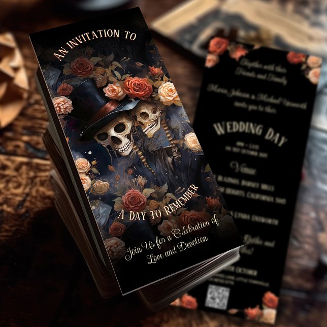 Invitation Skeletons de baiser romantiques Code QR Mariage go (Capture the magic of your Wedding Day in this elegant Gothic Wedding Invitation.)