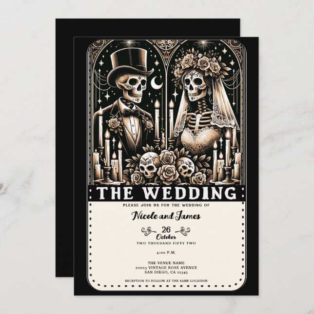 Invitation Skeletons de Tarot MARIAGE Mariée et Salle (Devant / Derrière)