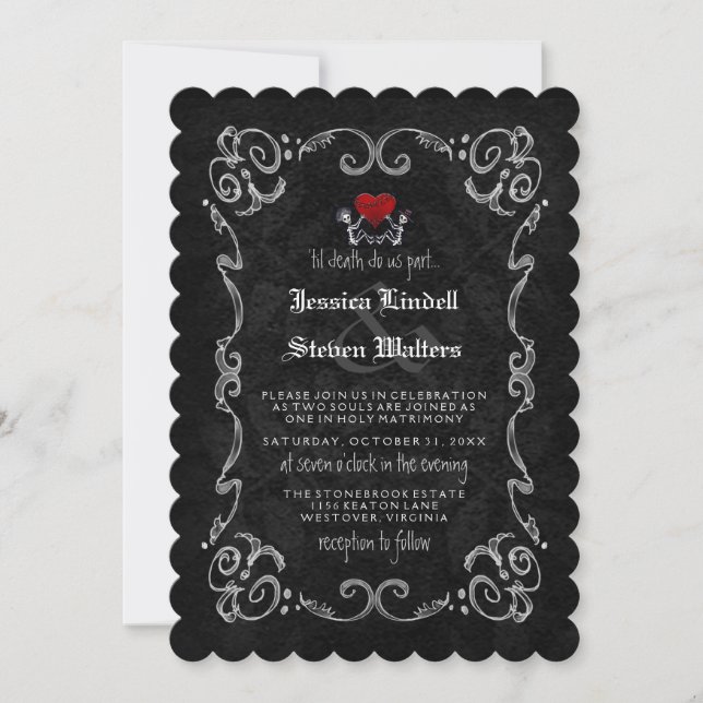 Invitation Skeletons et Coeur Mariage "TIL DEATH" (Devant)