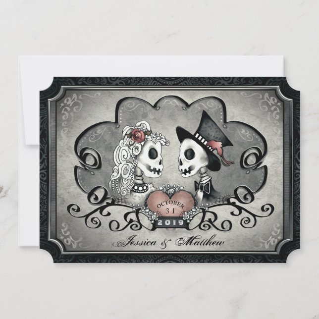 Invitation Skeletons Grey Black Heart Mariage "Ensemble avec" (Devant)