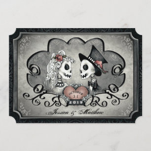 Invitation Skeletons Grey Black White Heart Mariage