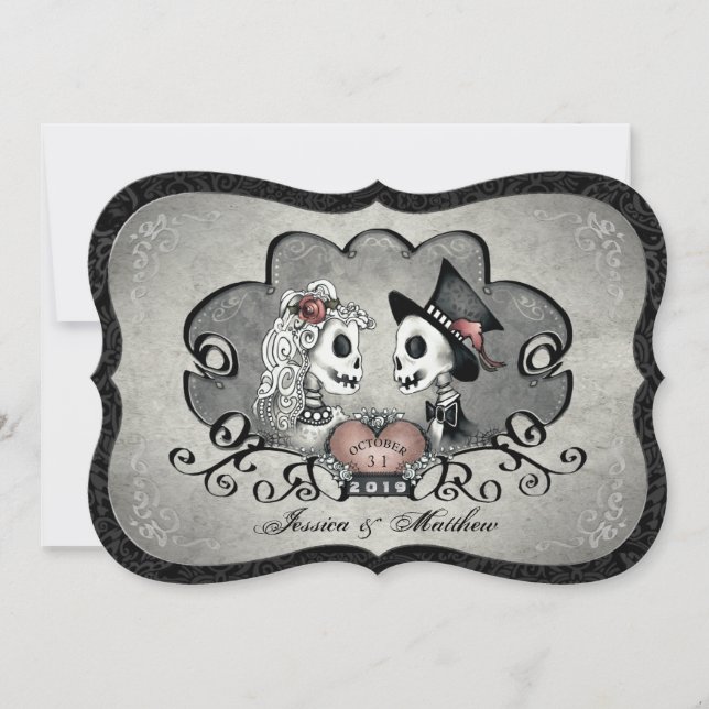 Invitation Skeletons Grey Black & White Heart Wedt Invite (Devant)