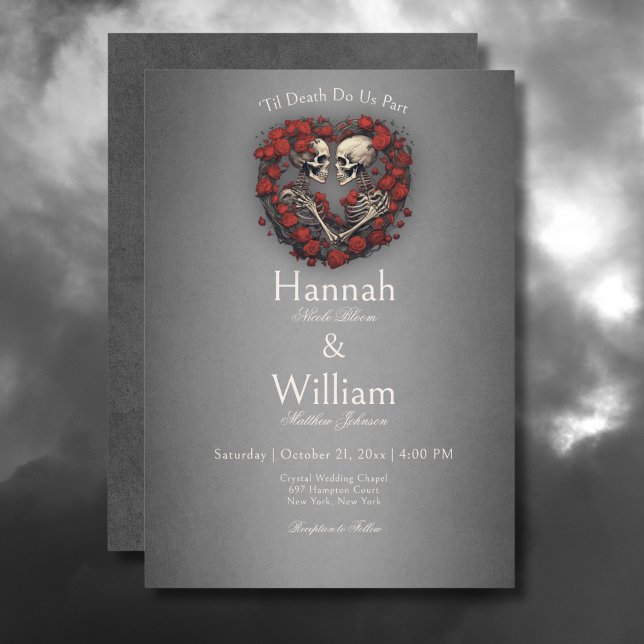 Invitation Skeletons sombres gothiques et Mariage de coeur Ro (Gothic Dark Skeletons & Rose Heart Wedding Invitation)