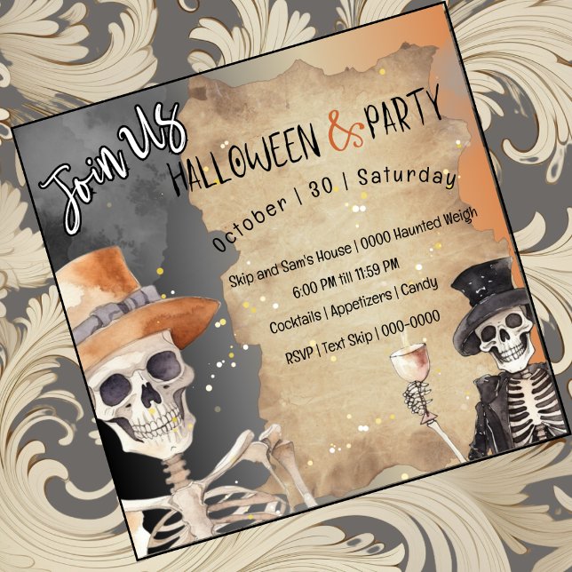Invitation Skeletts Halloween En Casquette Pour Saison Éffray (Two fun skeletons in top hats with Halloween libations on customizable party invitations
)