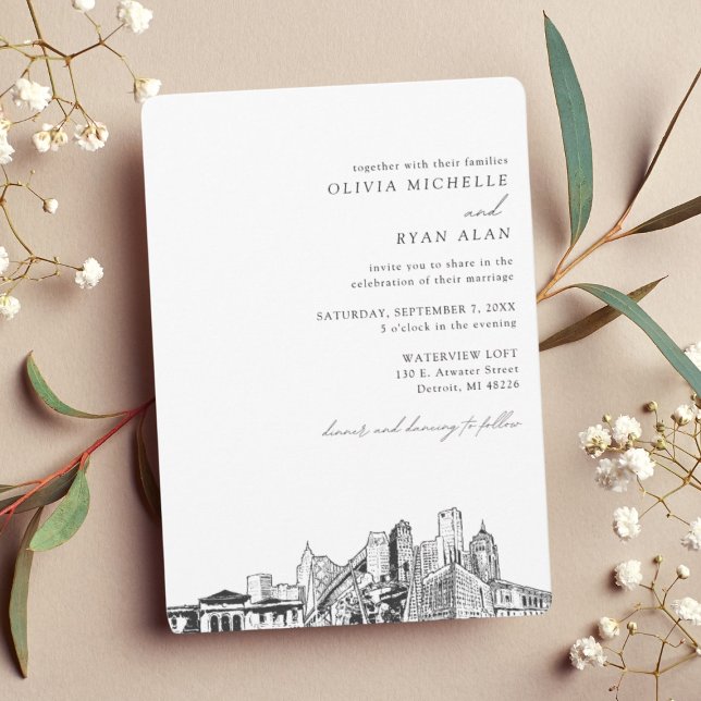 Invitation Sketch personnalisée Mariage de Detroit (Detroit Wedding Custom Skyline Sketch Invitation)