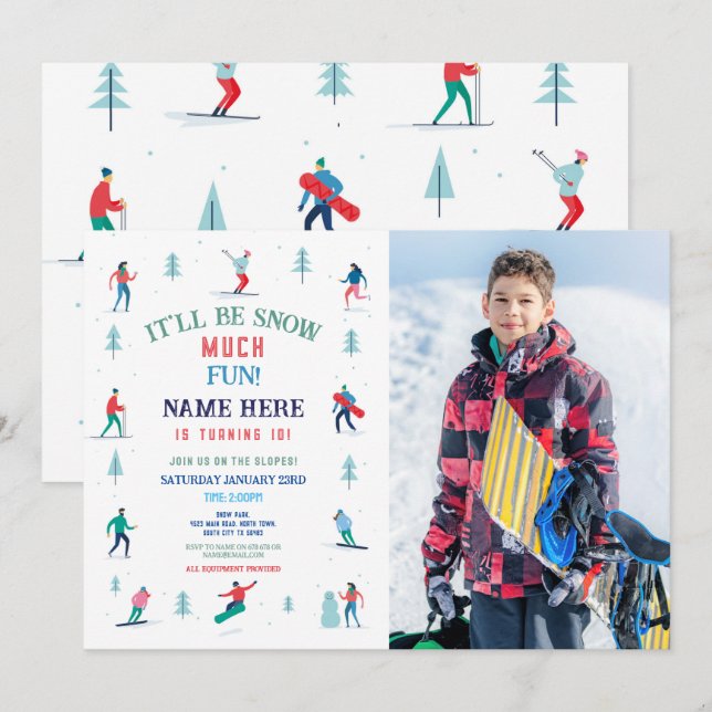 Invitation Ski Fête Anniversaire Pistes Photo Snowboard Neige (Devant / Derrière)