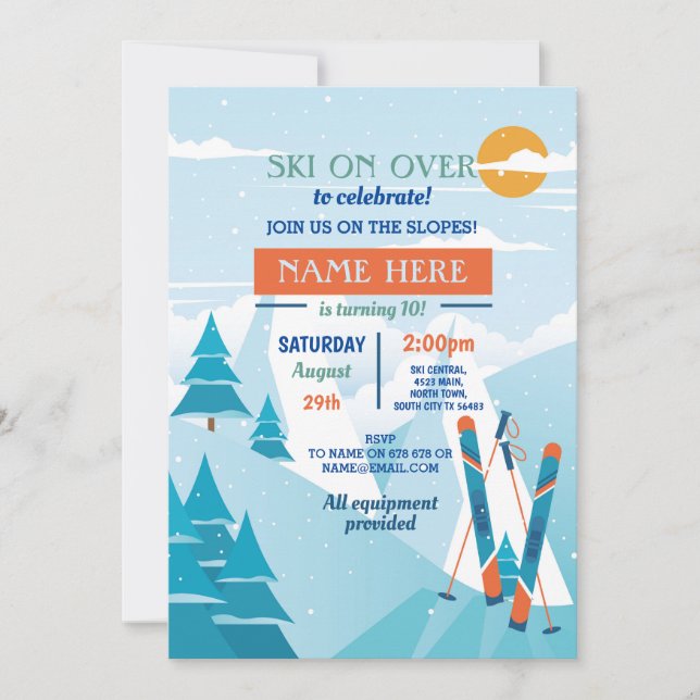 Invitation Ski Fête Anniversaire Pistes Ski Snowboard Neige (Devant)