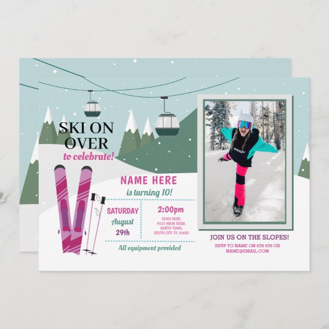 Invitation Ski Fête d'anniversaire Filles Ski Snowboard Photo (Devant / Derrière)