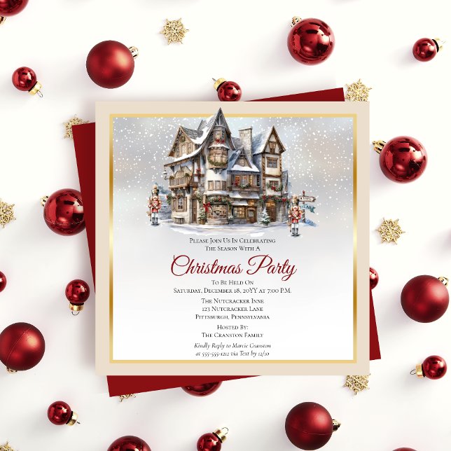 Invitation Ski Lodge vintage et Nutcrackers Noël (Vintage Look Ski Lodge and Nutcracker Soldiers Christmas Party Invitation)
