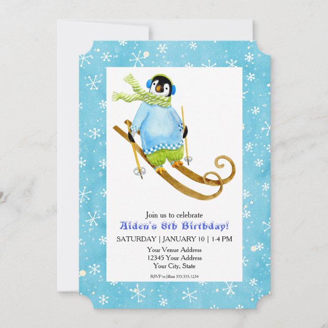 Invitation Ski Pingouin Anniversaire Ski Falling Snow (Devant)