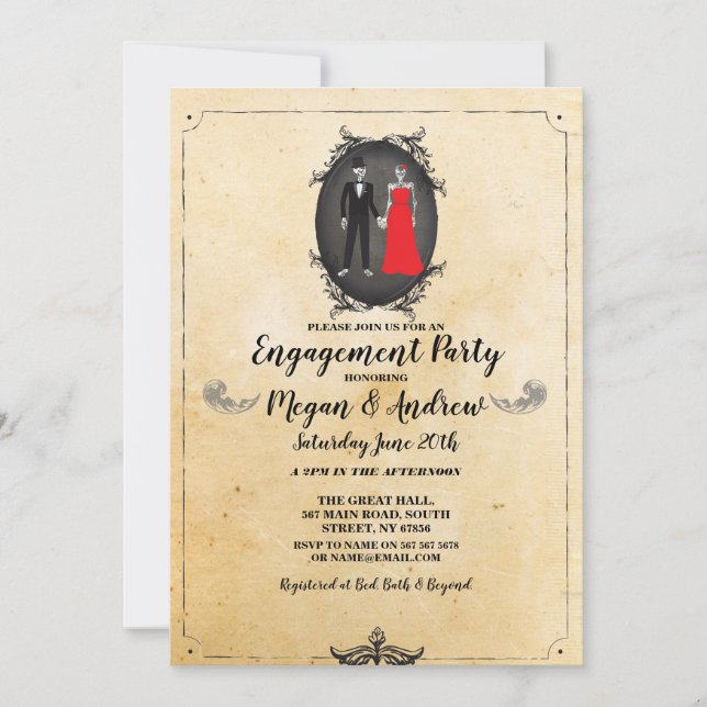 Invitation Skull Engagement Party Halloween Skeletons gothiqu (Devant)