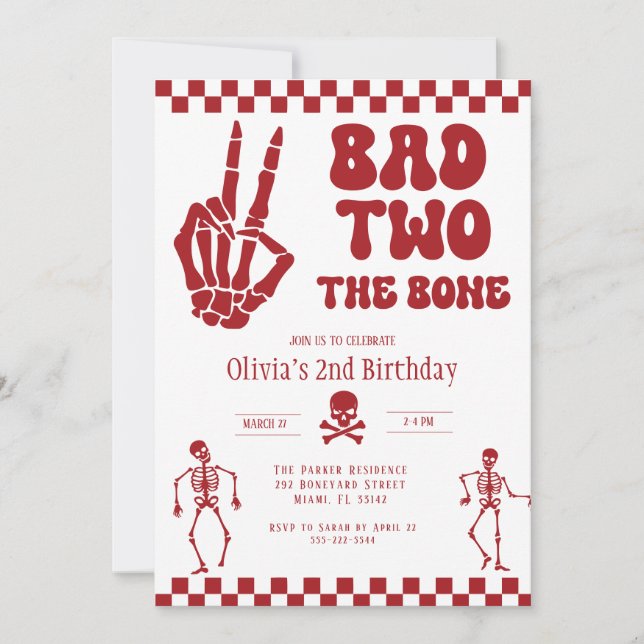 Invitation Skull Skeleton Bad to the Bone 2nd Birthday  (Devant)