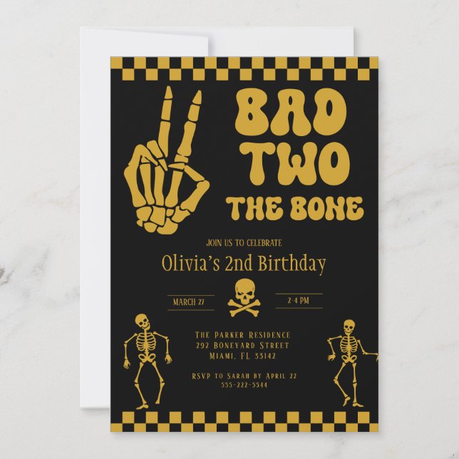 Invitation Skull Skeleton Bad to the Bone 2nd Birthday  (Devant)