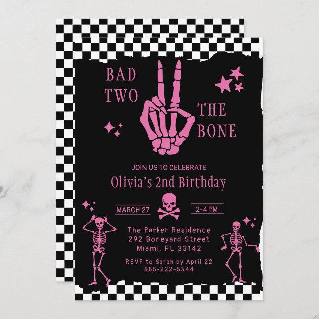 Invitation Skull Skeleton Bad to the Bone 2nd Birthday  (Devant / Derrière)
