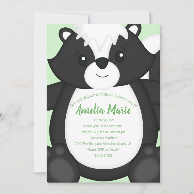 Invitation Skunk Anniversaire de fête verte (Devant)