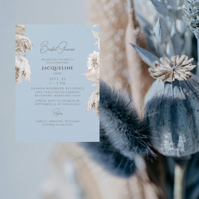 Invitation Sky Blue Boho White Floral Fête des mariées (Créateur téléchargé)