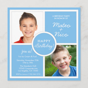 Invitation Sky Blue Carrés Anniversaire Photo
