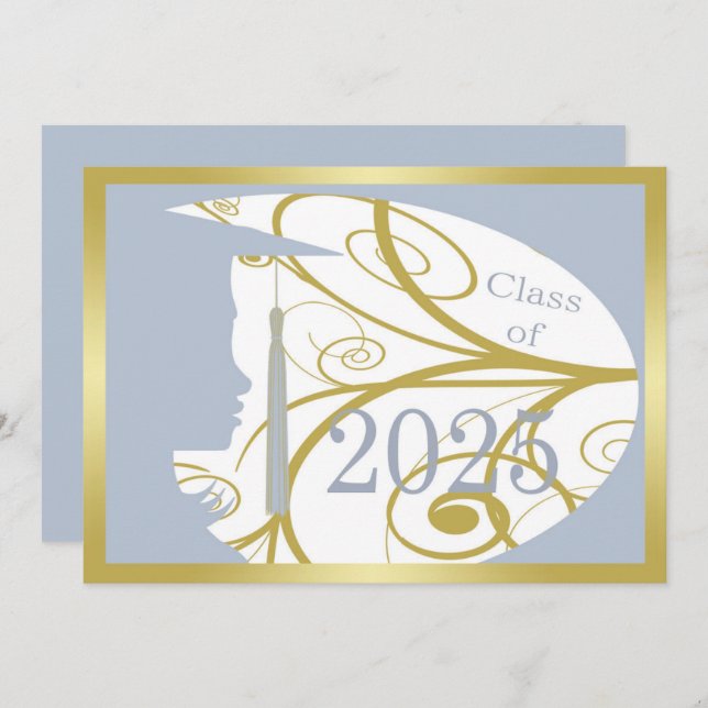 Invitation Sky Blue et Gold Silhouette 2025 Graduation Party (Devant / Derrière)