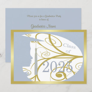 Invitation Sky Blue et Gold Silhouette 2025 Graduation Party