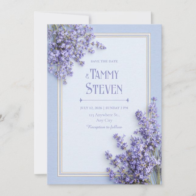 Invitation Sky Blue French Lavender Gold Frame Wedding (Devant)