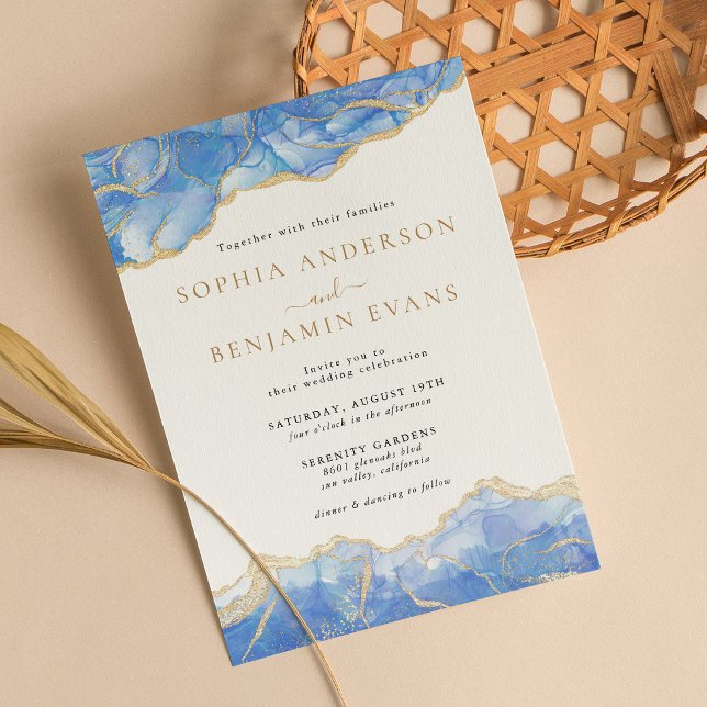 Invitation Sky Blue Gold Agate Mariage moderne (Créateur téléchargé)