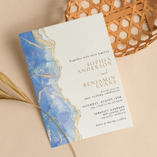 Invitation Sky Blue Gold Agate Mariage moderne