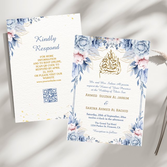 Invitation Sky Blue Gold Floral Feuille musulman Mariage code (Créateur téléchargé)